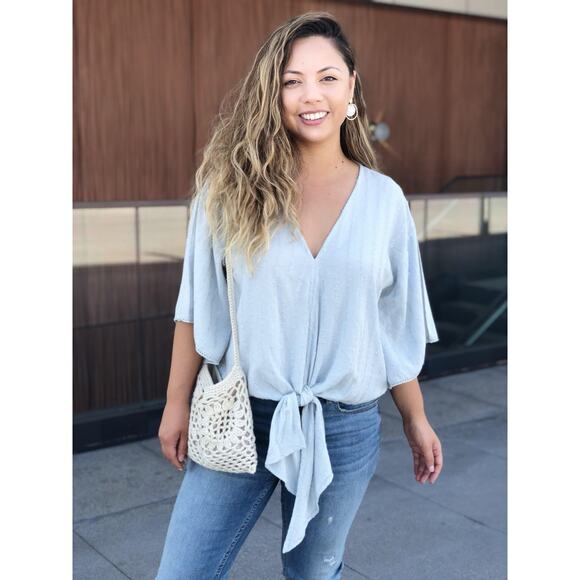 Love Stitch Bale Blue Tie Front Flowy Blouse - Picture 1 of 8